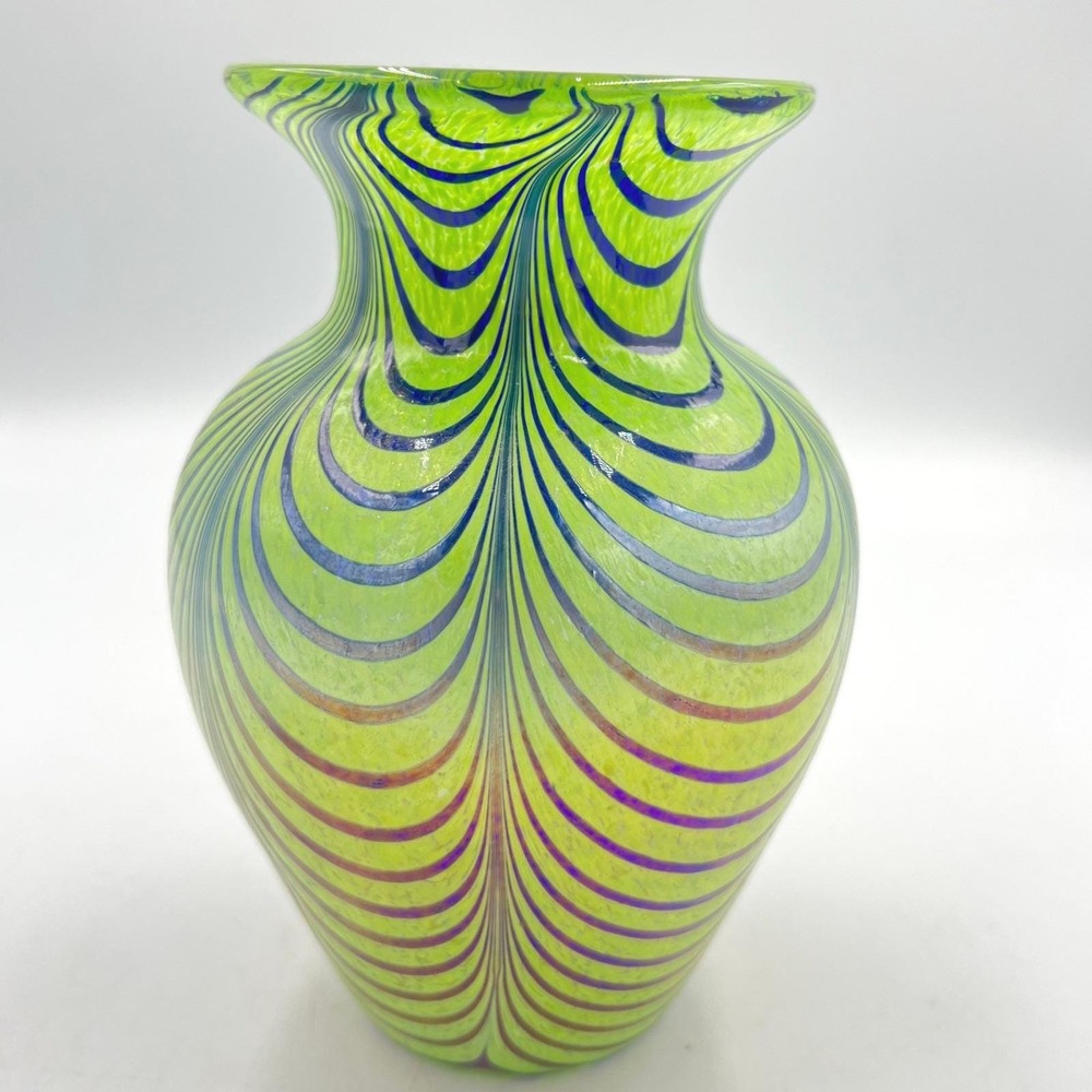 Kralik Bohemian Pulled Feather Art Glass Vase Green Blue Nouveau Hand Blown‎